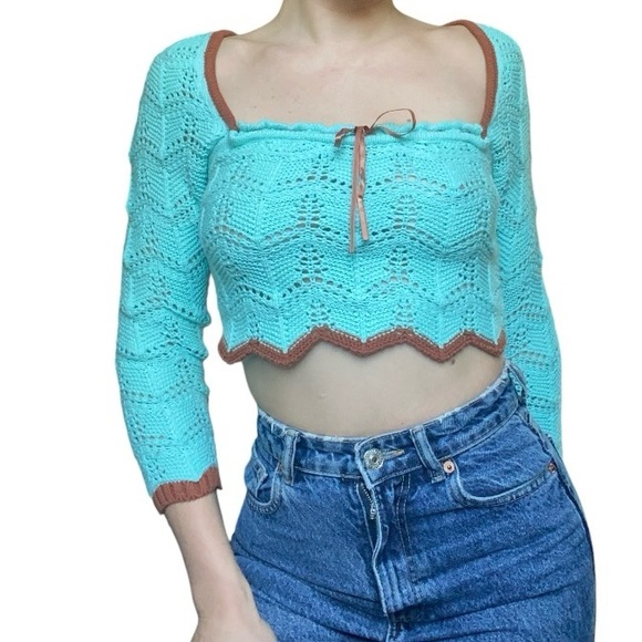 Urban outfitters blue crotchet cropped long sleeve top - Picture 1 of 4